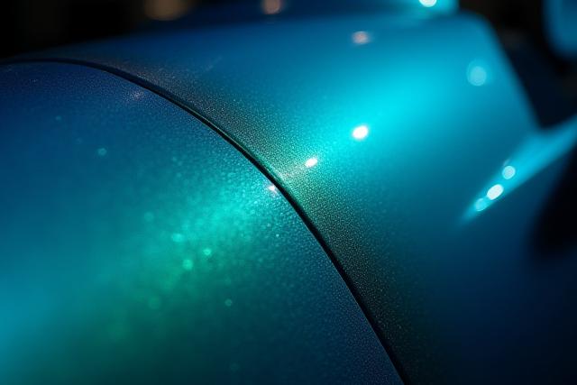 港の雰囲気を醸し出す、ユニークな青と緑のグラデーションを持つカスタム塗装された車のクローズアップ