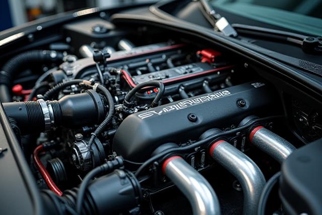エンジンベイが露出したスポーツカーの高性能チューニングの様子